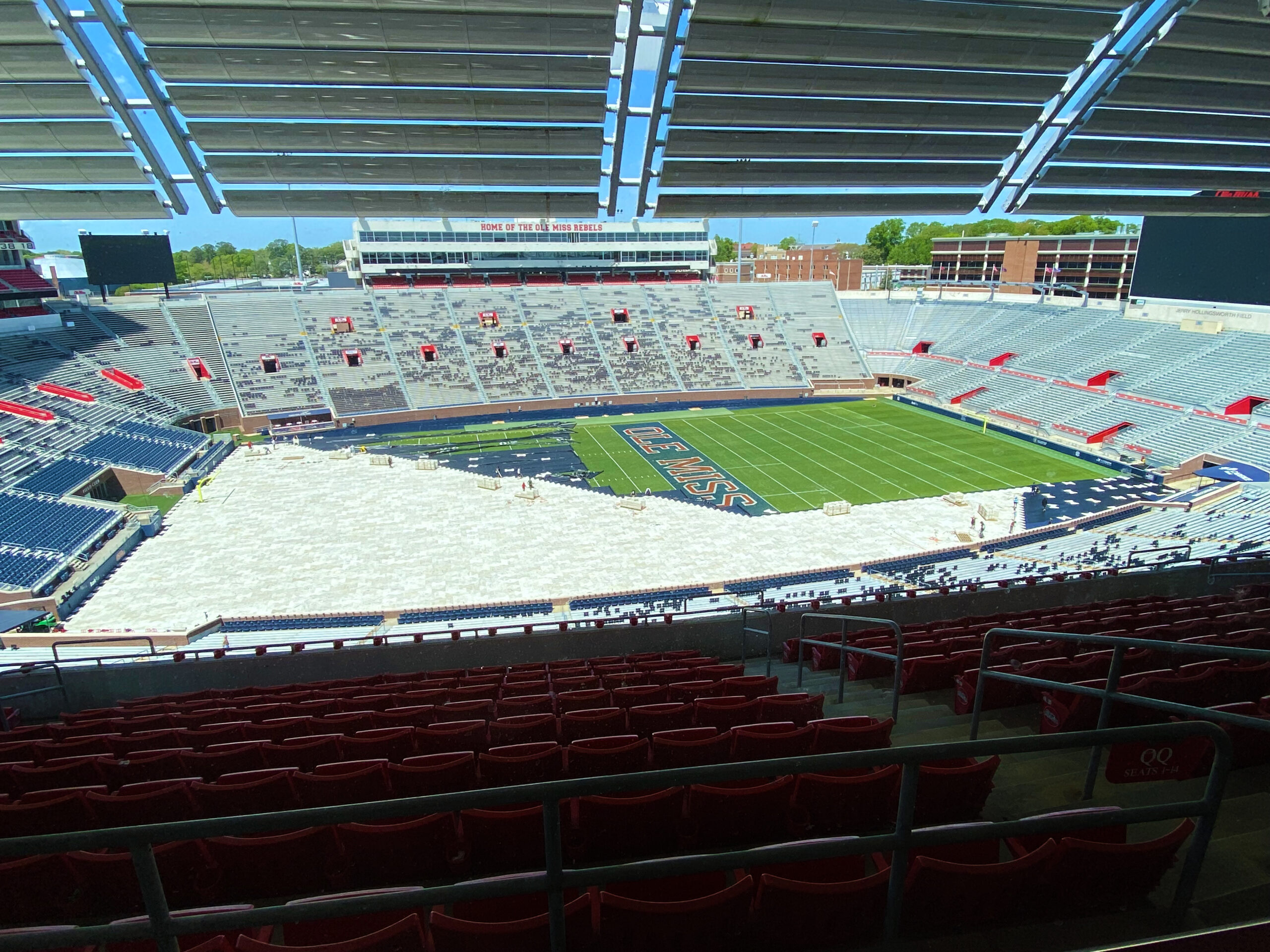 Arial view of Ole Miss stadium with protective flooring.